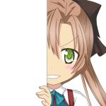  &gt;:d 1girl :d akigumo_(kantai_collection) brown_hair green_eyes hair_ribbon kantai_collection long_hair looking_at_viewer nagineko open_mouth peeking_out ribbon school_uniform smile solo tagme 
