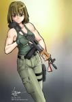  1girl ak-74 aks-74u assault_rifle blonde_hair dated ebr-kii fingerless_gloves folding_stock gloves gun original pants red_eyes rifle solo tank_top trigger_discipline weapon 