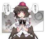  1girl black_hair black_wings blush clock commentary_request hammer_(sunset_beach) hat partially_translated red_eyes shameimaru_aya short_hair skirt smile solo tokin_hat touhou translation_request wings 