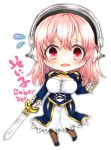  blush breasts chibi cleavage cosplay fate/stay_night fate_(series) headphones large_breasts long_hair nitroplus open_mouth pink_eyes pink_hair ryokuya saber saber_(cosplay) solo super_sonico sword weapon 