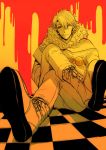  1boy boots checkered checkered_floor crossed_legs dramatical_murder foreshortening hiki_yuichi hoodie sitting solo spikes trip_(dramatical_murder) 