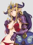  1girl amon_(p&amp;d) arm_support armor bikini_armor bird blonde_hair breasts cleavage crown demon_girl eating gauntlets horns lilith_(p&amp;d) long_hair netlk owl panties pauldrons pointy_ears puzzle_&amp;_dragons red_eyes revealing_clothes solo underwear wings 