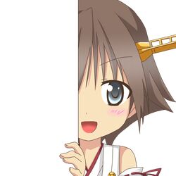  1girl :d aqua_eyes brown_hair detached_sleeves hairband hiei_(kantai_collection) kantai_collection looking_at_viewer nagineko nontraditional_miko open_mouth peeking_out short_hair smile solo tagme 