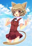  :d animal_ears brown_eyes brown_hair clouds cowboy_shot dress_shirt ech english hidamari_sketch neck_ribbon open_mouth pleated_skirt ribbon school_uniform shirt short_hair short_sleeves skirt sky smile tail w yuno 