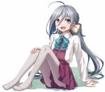  1girl :d ahoge arm_support bowtie grey_eyes grey_hair kantai_collection kiyoshimo_(kantai_collection) knees_together_feet_together long_sleeves looking_at_viewer no_shoes open_mouth pantyhose pleated_skirt sitting skirt smile solo twintails white_background yuyuzuki_(yume_usagi) 