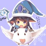  1girl :d animal_ears black_hair braid chibi hat highres holding league_of_legends long_hair looking_at_viewer lulu_(league_of_legends) open_mouth ryu_narb smile staff tagme translation_request twin_braids violet_eyes witch_hat 