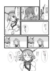  bare_shoulders blush comic female_admiral_(kantai_collection) flower gloves halter_top halterneck headgear kantai_collection kinu_(kantai_collection) monochrome multiple_girls mutsu_(kantai_collection) short_hair sleeves_rolled_up translation_request yagisaka_seto 