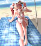  1girl absurdres beach bikini bishoujo_senshi_sailor_moon bishoujo_senshi_sailor_moon_crystal blanket blue_sky bow breasts chibi_usa clouds collarbone hair_bow hair_ribbon highres miharin ocean older parasol pink_bikini pink_eyes pink_hair ribbon sitting sky solo swimsuit twintails umbrella 