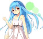  1girl absurdres bag bare_shoulders blue_hair casual collarbone dress hair_ornament hairclip handbag highres long_hair looking_at_viewer original red_eyes ryu_narb smile solo tagme white_dress wind 