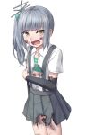  1girl arm_warmers brown_eyes grey_skirt holding_arm kantai_collection kasumi_(kantai_collection) looking_at_viewer open_mouth pleated_skirt school_uniform silver_hair skirt solo suspenders tears torn_clothes torn_skirt white_background yuyuzuki_(yume_usagi) 