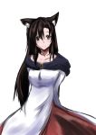  1girl absurdres animal_ears breasts brown_hair collarbone dress highres imaizumi_kagerou jewelry jin_taira long_hair looking_at_viewer red_eyes simple_background smile solo touhou very_long_hair white_background wolf_ears 