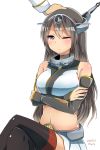  1girl admiral_(kantai_collection) artist_name black_hair black_legwear blush brown_eyes crossed_arms crossed_legs dated detached_sleeves hand_on_head kantai_collection long_hair nagato_(kantai_collection) navel ochazuke one_eye_closed petting sitting solo_focus thigh-highs white_background 