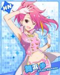  1girl ;d artist_request bracelet character_name contrapposto crop_top fingerless_gloves gloves idolmaster idolmaster_million_live! jewelry looking_at_viewer maihama_ayumu multicolored_hair navel necklace one_eye_closed open_mouth pink_eyes pink_hair smile streaked_hair 