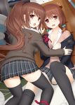  2girls black_legwear blush brown_eyes brown_hair cpu_(hexivision) gym_storeroom hair_bobbles hair_ornament kajiya_ayano kissbell kneeling long_hair looking_at_viewer multiple_girls open_mouth ponytail shibuya_mitsuba short_hair sitting thigh-highs thighhighs_pull vaulting_horse 