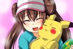  1girl :3 ^_^ brown_hair bust closed_eyes double_bun hug long_hair mei_(pokemon) nishi_koutarou open_mouth pikachu pokemon pokemon_(game) raglan_sleeves smile thunder_stone twintails visor_cap 