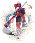  1girl art_brush black_hair blue_eyes brush calligraphy calligraphy_brush fate/grand_order fate_(series) flower full_body getiao hair_flower hair_ornament hairpin hanetsuki ink japanese_clothes katsushika_hokusai_(fate/grand_order) kimono obi open_mouth paintbrush sash sketch solo 