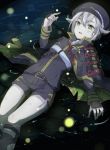  1boy atea belt cape fireflies green_eyes hat hotarumaru lying male_focus object_namesake on_back open_mouth partially_submerged short_hair shorts sock_garters socks sode solo touken_ranbu 