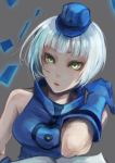  1girl bare_shoulders bust elizabeth_(persona) gloves grey_background hat looking_at_viewer open_mouth persona persona_3 short_hair solo umaksak white_hair yellow_eyes 