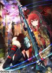  1girl :/ black_gloves boots boyogo building copyright_name fingerless_gloves gloves gun headset helicopter holding hooded_jacket long_hair looking_at_viewer original plaid plaid_skirt pleated_skirt qurare_magic_library red_eyes redhead rifle school_uniform sitting skirt sniper_rifle solo tagme watermark weapon web_address 