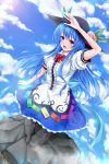  1girl arm_up aru_gunsou blue_hair blue_sky bow clouds cross-laced_footwear food fruit hat hinanawi_tenshi open_mouth peach pink_eyes puffy_short_sleeves puffy_sleeves shirt short_sleeves skirt sky smile solo touhou 