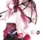  1girl aki_(a2006p1074) belt black_gloves black_pants brown_eyes brown_hair character_name coat corset cropped_jacket english gloves heterochromia jewelry long_coat long_hair multicolored_hair necklace neo_(rwby) pants parasol pink_clothes pink_eyes pink_hair rwby solo two-tone_hair umbrella 