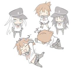  4girls akatsuki_(kantai_collection) blade_(galaxist) brown_eyes brown_hair chibi fang folded_ponytail hair_ornament hairclip hibiki_(kantai_collection) ikazuchi_(kantai_collection) inazuma_(kantai_collection) kantai_collection long_hair midriff multiple_girls open_mouth pantyhose pleated_skirt pun rolling school_uniform serafuku short_hair skirt translated white_background |_| 