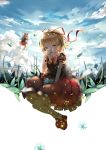  1girl backlighting blonde_hair blue_eyes blush clouds covering_mouth fairy fairy_wings flower hair_ornament hair_ribbon highres lily_of_the_valley looking_at_viewer mary_janes medicine_melancholy puffy_sleeves ribbon shirt shoes short_hair short_sleeves sitting skirt sky smile socks solo su-san teeth_(artist) touhou white_legwear wings 
