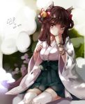  1girl animal_ears bell bow bracelet braid brown_hair covering_mouth dappled_sunlight hair_bow japanese_clothes jewelry jingle_bell long_hair miko original pink_eyes sitting solo thigh-highs tukino_(panna) white_legwear 