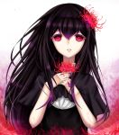  1girl akemi_homura black_hair dress flower funeral_dress hairband hands_on_own_chest head_flower highres long_hair looking_at_viewer mahou_shoujo_madoka_magica mahou_shoujo_madoka_magica_movie nail_polish open_mouth red_eyes sheya simple_background solo spider_lily spoilers white_background 