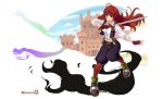  1girl ahoge artist_request brown_eyes character_request copyright_name fingerless_gloves gloves highres knees_together_feet_apart long_hair looking_at_viewer midriff monster_rpg_2 navel official_art redhead solo suspenders sword weapon 