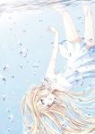  1girl blonde_hair blue_eyes bubble dress long_hair looking_at_viewer original parted_lips shino_(syllable) solo underwater upside-down very_long_hair white_dress 