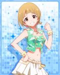  1girl :d artist_request blonde_hair blue_background bracelet brown_eyes crop_top earrings fukuda_noriko grin hand_on_hip idolmaster idolmaster_million_live! jewelry looking_at_viewer navel necklace official_art open_mouth pose short_hair skirt smile 