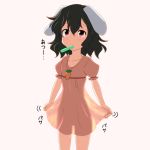  1girl animal_ears black_hair carrot_necklace cato_(monocatienus) collarbone dress inaba_tewi pink_background pink_dress rabbit_ears red_eyes see-through see-through_silhouette short_hair simple_background solo touhou 