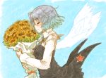  1girl bouquet closed_eyes flower military military_uniform necktie russian ryou_(shirotsumesou) sanya_v_litvyak short_hair silver_hair solo star strike_witches sunflower translated uniform wings 