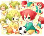  &gt;_&lt; 2boys :3 animal_ears baby ball blush bottle cat_ears cat_tail crying fang green_hair heart inazuma_eleven inazuma_eleven_(series) kiyama_hiroto long_hair male midorikawa_ryuuji milk_bottle multiple_boys open_mouth redhead short_hair sleeping smile soccer_ball tail tears telstar trap younger 