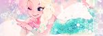  1girl aqua_dress bare_shoulders blue_eyes braid dress elsa_(frozen) eyeshadow frozen_(disney) heart index_finger_raised lipstick long_hair lying makeup multicolored_background on_stomach one_eye_closed parted_lips platinum_blonde red_lipstick single_braid solo souno_kazuki 