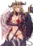 1girl armor bikini_armor blonde_hair breasts cleavage crown demon_girl demon_tail gauntlets horns lilith_(p&amp;d) long_hair multicolored_wings navel netlk panties pauldrons pointy_ears puzzle_&amp;_dragons red_eyes revealing_clothes solo staff string_panties tail thigh-highs thigh_gap underwear wings 