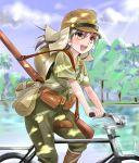  1girl absurdres ankle_wraps arisaka artist_name bag belt bicycle black_hair bolt_action brown_eyes canteen clouds gun happy hat helmet highres imperial_japanese_army japan jungle long_hair longmei_er_de_tuzi military military_uniform nature open_mouth original pouch riding rifle shadow short_sleeves sky sling smile soldier solo sun sunlight tree uniform water weapon world_war_ii 