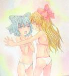  2girls alternate_costume back bikini blue_eyes blue_hair bow brown_eyes brown_hair chestnut_mouth cirno collarbone covering covering_breasts cowboy_shot crossed_arms distress glaring hair_bow hair_tubes hakurei_reimu highres long_hair looking_at_another looking_at_viewer multiple_girls open_mouth pink_background pinned short_hair shoulder_blades surprised swimsuit topless touhou traditional_media watercolor_(medium) white_bikini white_swimsuit yuyu_(00365676) 