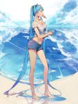  1girl absurdly_long_hair animal_ears barefoot blue_eyes blue_hair hatsune_miku highres long_hair mouth_hold popsicle ringo_(ruoyuwang) short_shorts shorts solo twintails very_long_hair vocaloid watermelon_bar wet wet_clothes wringing_clothes 