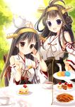  &gt;:d 2girls :d ahoge bare_shoulders blush brown_eyes brown_hair cake cup detached_sleeves double_bun food fruit grey_hair hand_on_hip haruna_(kantai_collection) headgear kantai_collection kongou_(kantai_collection) long_hair looking_at_viewer macaron moi_(licoco) multiple_girls nontraditional_miko open_mouth pie pleated_skirt skirt smile strawberry teacup teapot violet_eyes 