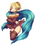 1girl blonde_hair blue_eyes brown_legwear cape character_request crossed_arms final_fantasy final_fantasy_tactics kara_(color) open_mouth panties pantyshot ponytail purple_panties short_hair simple_background solo thigh-highs underwear white_background wind_lift 
