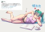  1girl arm_support barefoot bdsm blush book breasts chastity_belt cup feet green_hair hatsune_miku lock lying nail_polish navel no_pants on_side padlock scratching simple_background solo tank_top teacup toenail_polish toes translation_request twintails twitter_username vocaloid wokada 