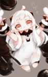  1girl ahoge from_above horns kantai_collection long_hair looking_at_viewer machinery mittens monster northern_ocean_hime pale_skin rancherranta red_eyes shinkaisei-kan short_eyebrows solo translated turret white_hair 