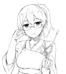  1girl adjusting_glasses armor bespectacled glasses japanese_clothes kaga_(kantai_collection) kantai_collection looking_at_viewer monochrome muneate open_mouth plus9 pointer side_ponytail solo tasuki 