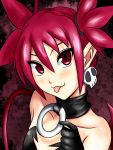  1girl :p choker demon_girl disgaea earrings elbow_gloves etna gloves jewelry jouzou pointy_ears red_eyes redhead short_twintails skull slit_pupils small_breasts solo tongue tongue_out twintails 
