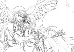  2girls akemi_homura akuma_homura bare_shoulders bow braid choker dress dual_persona elbow_gloves feathered_wings glasses gloves greyscale grin hair_bow hairband hug long_hair looking_at_another looking_away magical_girl mahou_shoujo_madoka_magica mahou_shoujo_madoka_magica_movie monochrome multiple_girls papeapoo semi-rimless_glasses simple_background smile spoilers twin_braids under-rim_glasses white_background wings yuri 