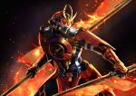  1boy armor belt dual_wielding fire flag kamen_rider kamen_rider_gaim kamen_rider_gaim_(series) lock_seed male sengoku_driver solo zeruzeru 