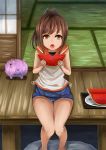  1girl brown_eyes brown_hair dark_skin eating food fruit i-401_(kantai_collection) kantai_collection knees_touching looking_at_viewer okitsu_(okitwo) open_mouth ponytail sailor_collar school_swimsuit swimsuit swimsuit_under_clothes watermelon 