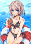  1girl bikini black_bikini blue_eyes breasts cleavage female_admiral_(kantai_collection) innertube kantai_collection mataichi_matarou narumi_tsuyu navel popsicle short_hair side-tie_bikini sitting solo swimsuit 